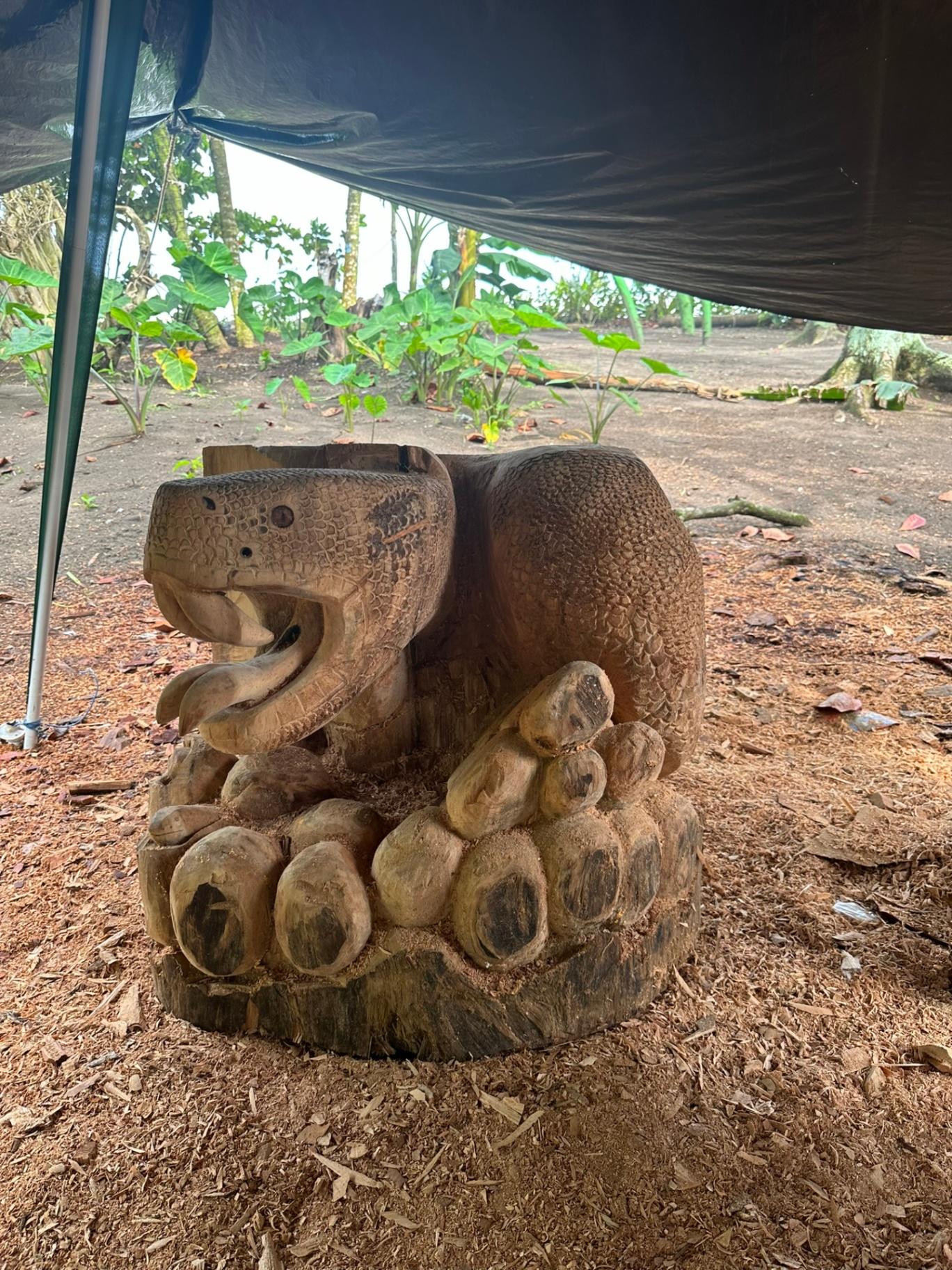 Carved wooden sea turtle sculpture in Tortuguero village